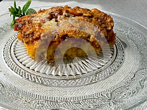 Shepherd's pie, traditional British dish with minced meat and mashed potatoes in glass dish