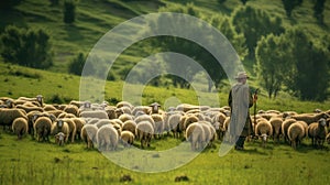 shepherd tending a flock of sheep on the green meadow of his farm