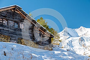 Shepherds alpine wooden hut, Pennine Alps, Wallis, Saas Fee, Switzerland, Europe