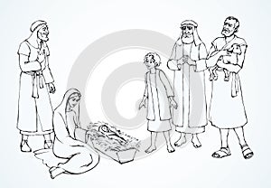 The shepherds came to bow to the newborn baby Jesus. Vector drawing