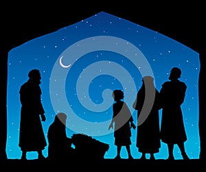 The shepherds came to bow to the newborn baby Jesus. Vector drawing