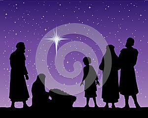 The shepherds came to bow to the newborn baby Jesus. Vector drawing