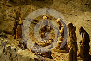 Manger at Shepherds Field Chapel, christmas eve, wooden figures, Bethlehem, Palestine, Israel