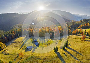 Shepherds` houses in the autumn mountains