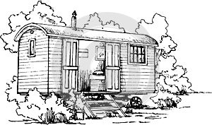 shepherds hut sketch glamping monochromatic hand drawn illustration