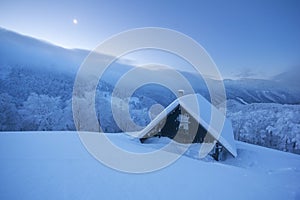 Shepperd cottage in Velka Fatra mountains under Borisov hill during winter night