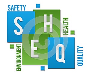 SHEQ - Safety Health Environment Quality Green Blue Squares Text