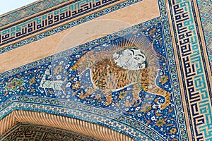 Sher-Dor Madrasa at Registan in Samarkand, Uzbekistan. It is part of the World Heritage Site.