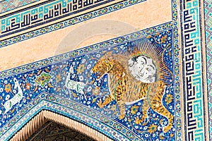 Sher-Dor Madrasa at Registan in Samarkand, Uzbekistan. It is part of the World Heritage Site.