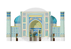 Sher Dor Madrasah, Registan Samarkand, Uzbekistan. Isolated on white background vector illustration