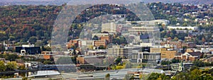 Sherbrooke city downtown panoramic autumn colors, small college town in Quebec, Canada view from Mont-Bellevue
