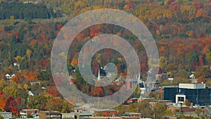 Sherbrooke city Mont-Bellevue aerial view of downtown traffic autumn colors landscape panning