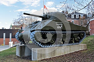 SHERBROOKE, QUEBEC, CANADA - APRIL 10, 2021 - Canadian Sherman Tank The Bomb The Hussars Sherbrooke