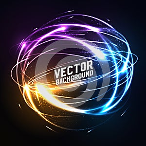 Shere of meteor-like shining neon lights in impact. Futuristic technology style. Vector illustration for presentations