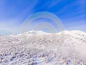 Sheregesh, Kemerovo, Russia, Aerial view drone mountains and forest,