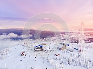 Sheregesh, Kemerovo, Russia, Aerial view drone mountains and forest,