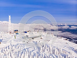 Sheregesh, Kemerovo, Russia, Aerial view drone mountains and forest,