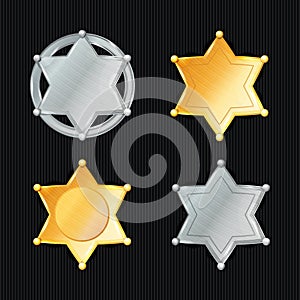 Sheriff Badge Star Vector Set. Different Types. Classic Symbol. Municipal City Law Enforcement Department. Isolated On Black Backg