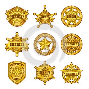 Sheriff badges. Police department emblem, golden badge with star of official representative of law. Symbols vector set