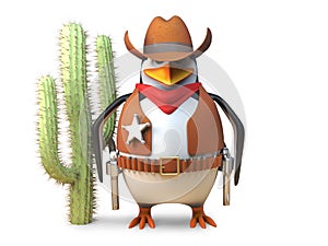 Sheriff cowboy penguin stands aloof near a cactus in the wild west, 3d illustration