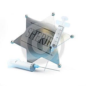 Sheriff`s badge syringe on a white background 3D illustration, 3D rendering photo