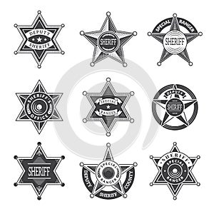 Sheriff stars badges. Western star texas and rangers shields or logos vintage vector pictures