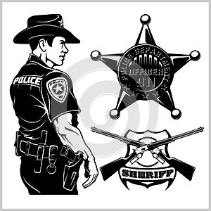 Sheriff Vector set - Design elements, Badge, Sheriff in Monochrome style. Vector illustration Isolated on White