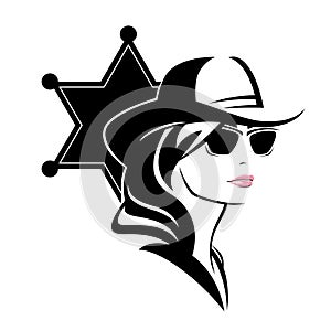 Sheriff woman with star badge silhouette wearing sunglasses and cowboy hat vector head portrait