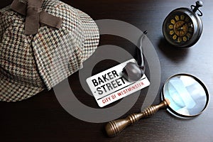 Sherlock Deerstalker Hat, Clock, Magnifier And Smoking Pipe In