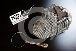 Sherlock Deerstalker Hat, Clock, Magnifier And Smoking Pipe In