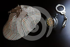 Sherlock Deerstalker Hat, Cuffs, Clock On The Black Wooden Tab