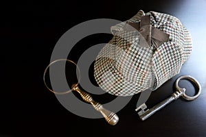 Sherlock Deerstalker Hat, Key And Magnifier On Black Table