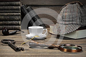 Sherlock Holmes Concept. Private Detective Tools On The Wood Tab