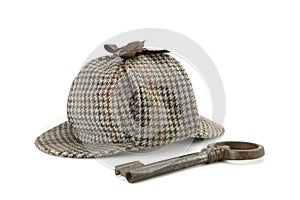 Sherlock Holmes Deerstalker Cap And Old Vintage Big Key Isolated