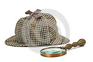 Sherlock Holmes Deerstalker Cap And Vintage Magnifying Glass Iso