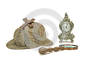 Sherlock Holmes Deerstalker Cap, Vintage Magnifying Glass And Ol