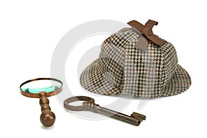 Sherlock Holmes Deerstalker Cap, Vintage Magnifying Glass And Ol