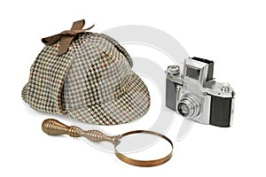 Sherlock Holmes Deerstalker Cap, Vintage Magnifying Glass And Re