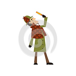 Sherlock Holmes detective character looking at magnifying glass vector Illustration on a white background