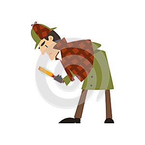 Sherlock Holmes detective character with magnifying glass vector Illustration on a white background