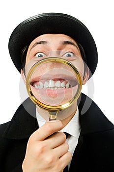 Sherlock Holmes with magnifying glass isolated on