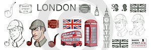 Sherlock Holmes vector, London, ilustration with Sherlock Holmes, Baker street 221B, Sherlock Holmes hat, famous London private