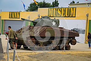 Sherman. American tank that participated in the Second World War on display in Normandy, France