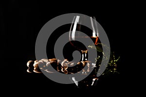 Sherry glasses over a dark background with plenty of copy space