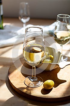 Sherry wine tasting, dry fino, manzanilla or palomino jerez fortified wine in glasses, Jerez de la Frontera, Andalusia, Spain photo