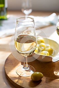 Sherry wine tasting, dry fino, manzanilla or palomino jerez fortified wine in glasses, Jerez de la Frontera, Andalusia, Spain