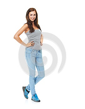 Shes got a positive attitude. A pretty teen girl isolated on white.