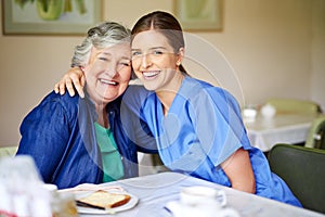 Shes my favourite patient. Shot of a resident and a nurse at a retirement home.
