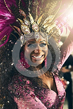 Shes a scintillating samba queen. Cropped portrait of a beautiful samba dancer performing at Carnival with her band.