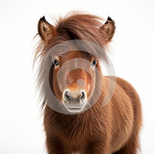 Shetland Pony Photo: Small Brown Pony With Long Hair On White Background photo